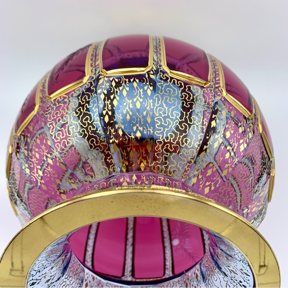 RARE Bohemian Moser Cabochon Vase 10” Cranberry Panel Intaglio, Clear Blue, 24K - Picture 9 of 16